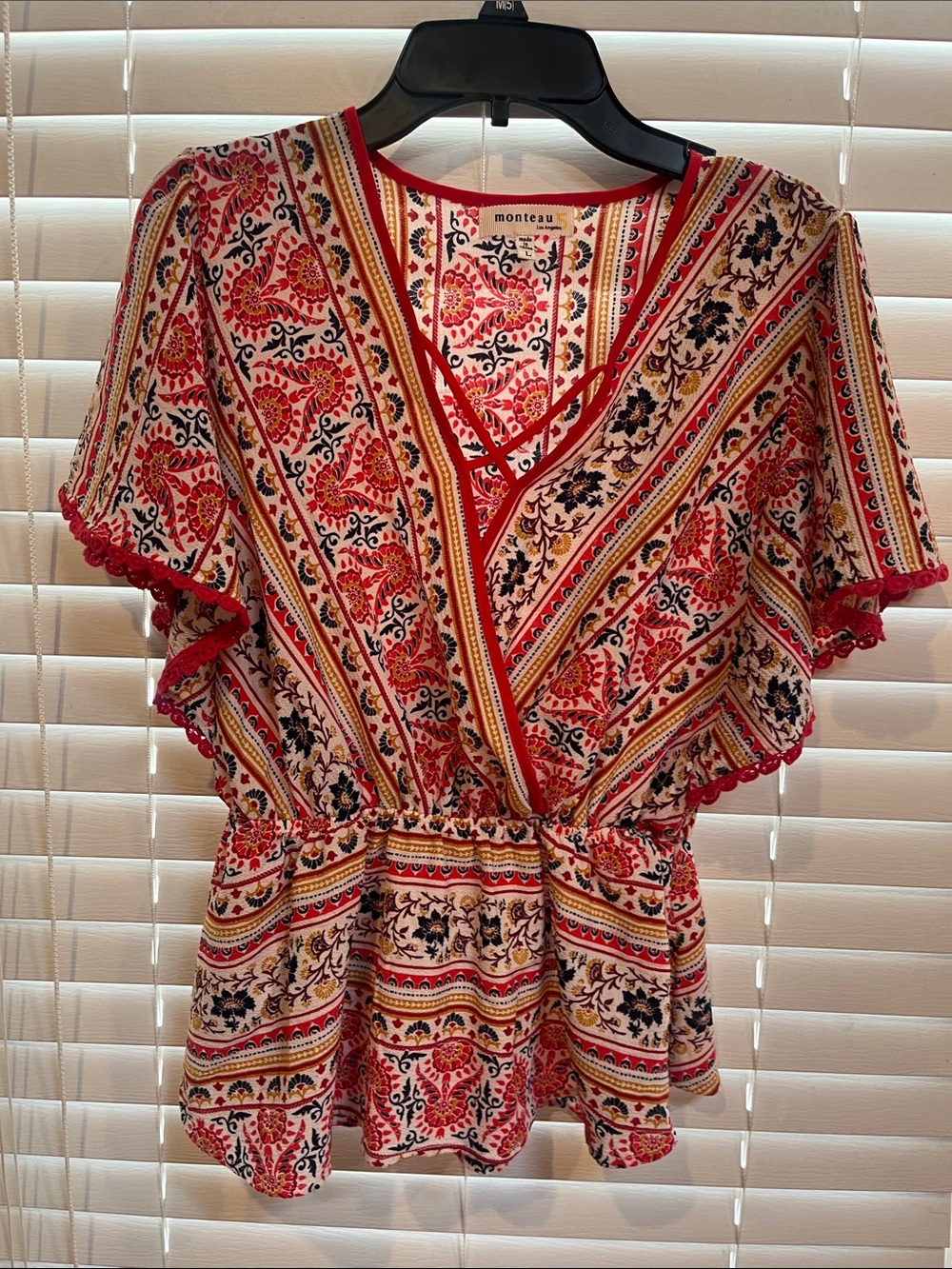 Monteau Red, Black and Cream Floral-Striped Faux Wrap Blouse